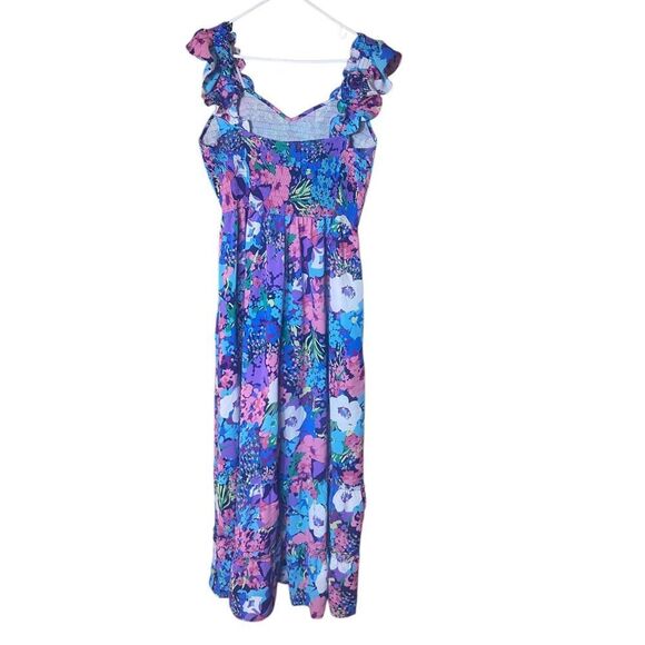 Hailey & Co Womens Navy Multi Colored Floral Ruffle Smocked Jumpsuit Size 2XL - Picture 4 of 6